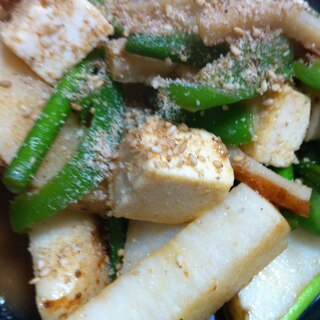 ニンニクの芽、長芋、竹輪、豆腐、ピーマンの炒め物